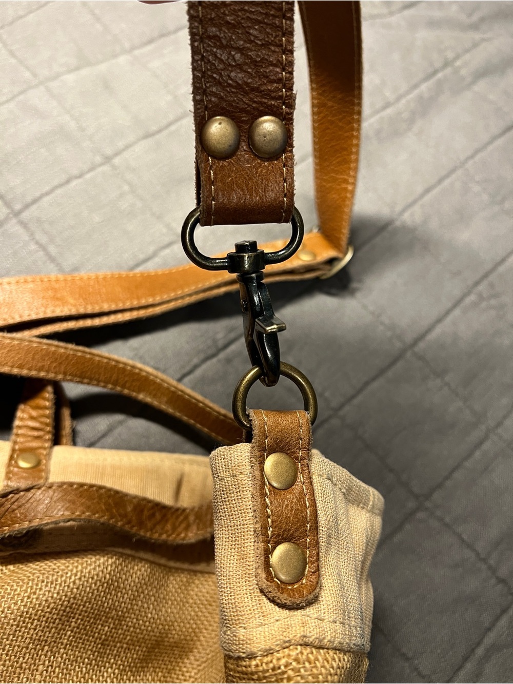 Myra Bag Beige Organic Upcycled Mkt Bag with Brown Leather Straps - Picture 4 of 11